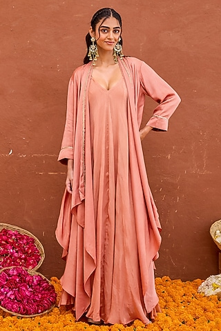 Terracotta Satin & Crepe Silk Hand Embroidered Layered Jacket Dress by TARO