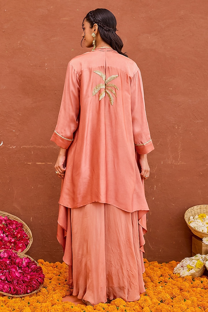 Terracotta Satin & Crepe Silk Hand Embroidered Layered Jacket Vacation Dress by TARO at Pernia's Pop Up Shop