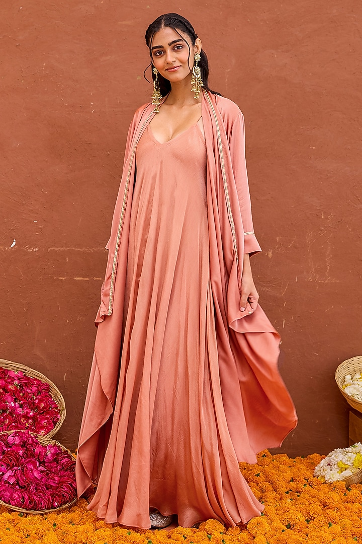 Terracotta Satin & Crepe Silk Hand Embroidered Layered Jacket Vacation Dress by TARO at Pernia's Pop Up Shop