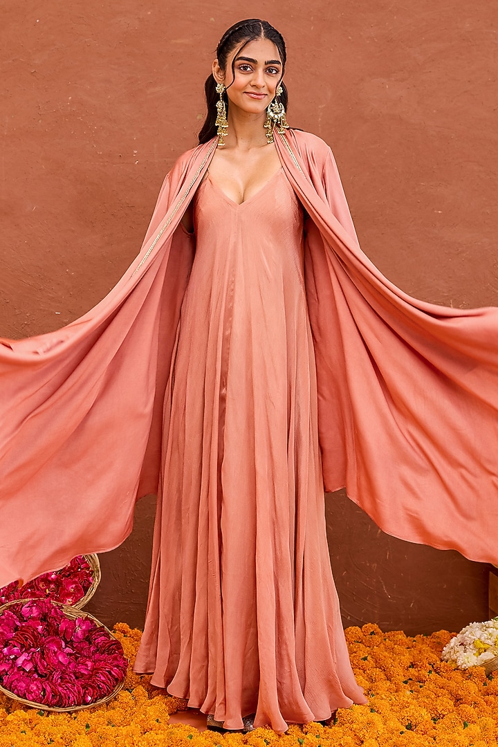 Terracotta Satin & Crepe Silk Hand Embroidered Layered Jacket Vacation Dress by TARO at Pernia's Pop Up Shop