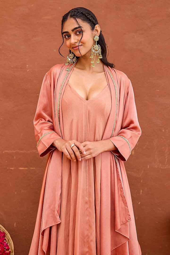 Terracotta Satin & Crepe Silk Hand Embroidered Layered Jacket Vacation Dress by TARO at Pernia's Pop Up Shop