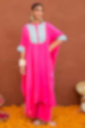 Pink Modal Silk Hand Embroidered Kaftan Set by TARO at Pernia's Pop Up Shop