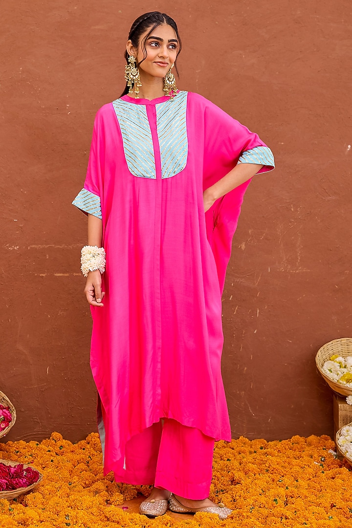 Pink Modal Silk Hand Embroidered Kaftan Set by TARO at Pernia's Pop Up Shop