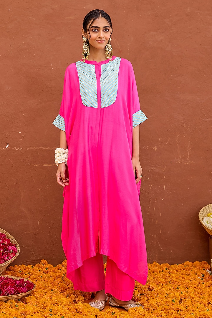 Pink Modal Silk Hand Embroidered Kaftan Set by TARO at Pernia's Pop Up Shop