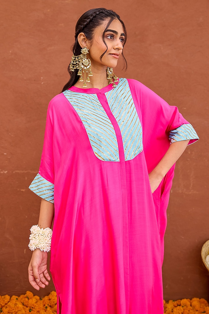 Pink Modal Silk Hand Embroidered Kaftan Set by TARO at Pernia's Pop Up Shop