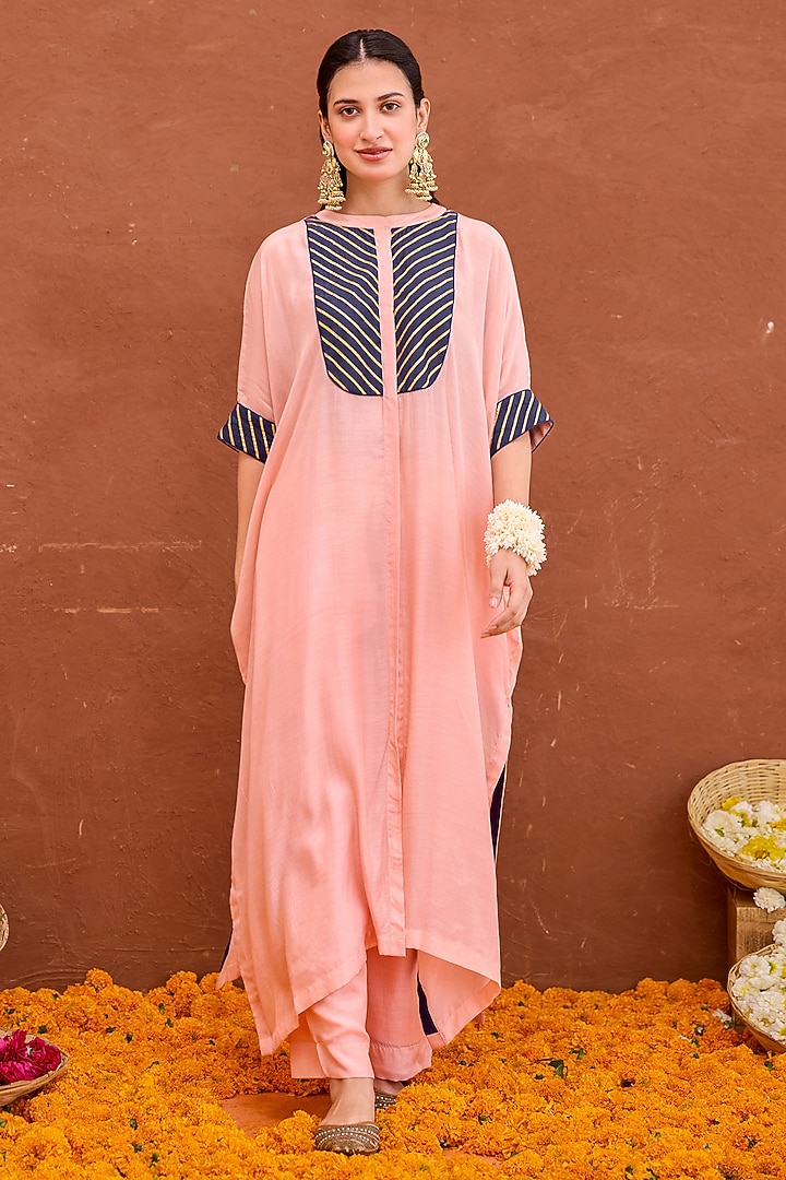 Peach Modal Silk Hand Embroidered Kaftan Set by TARO at Pernia's Pop Up Shop