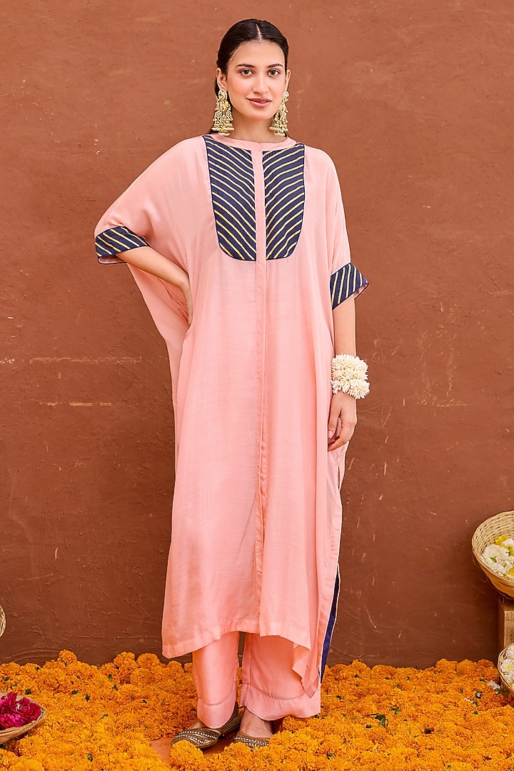 Peach Modal Silk Hand Embroidered Kaftan Set by TARO at Pernia's Pop Up Shop
