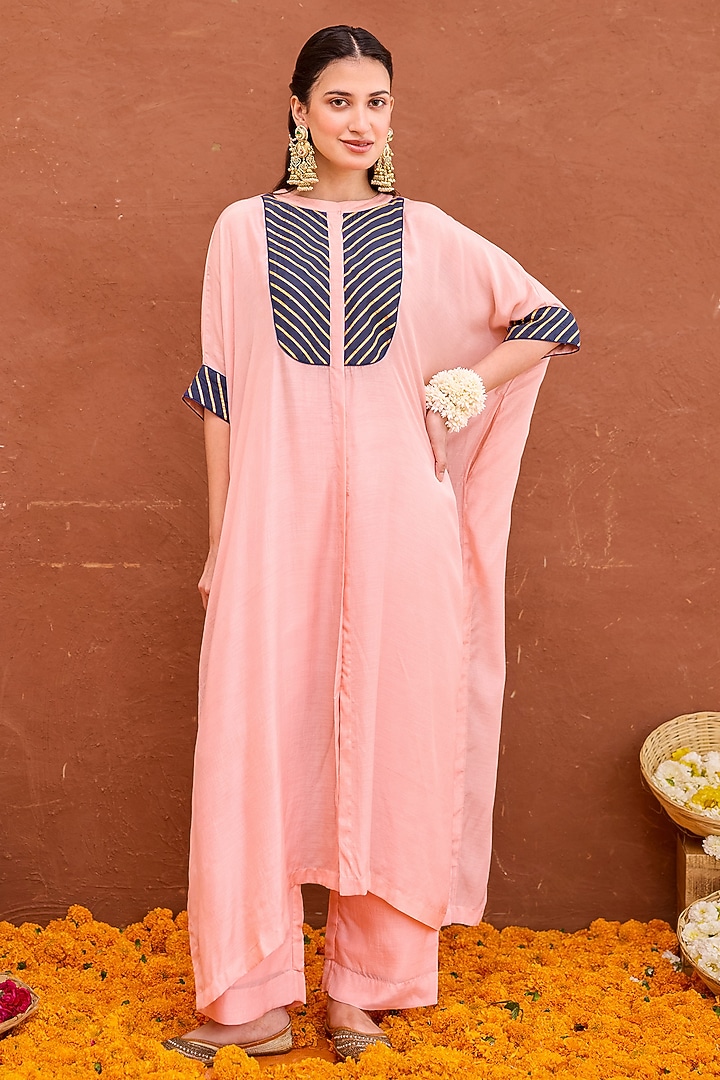 Peach Modal Silk Hand Embroidered Kaftan Set by TARO at Pernia's Pop Up Shop