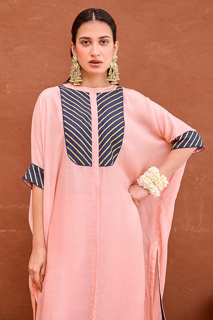 Peach Modal Silk Hand Embroidered Kaftan Set by TARO at Pernia's Pop Up Shop