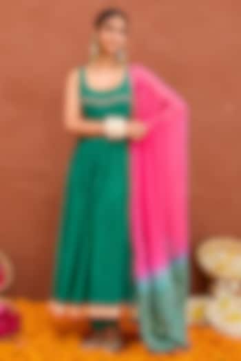 Emerald Green Cotton Silk Sequins Embellished Pleated Party Wear Anarkali Set by TARO at Pernia's Pop Up Shop