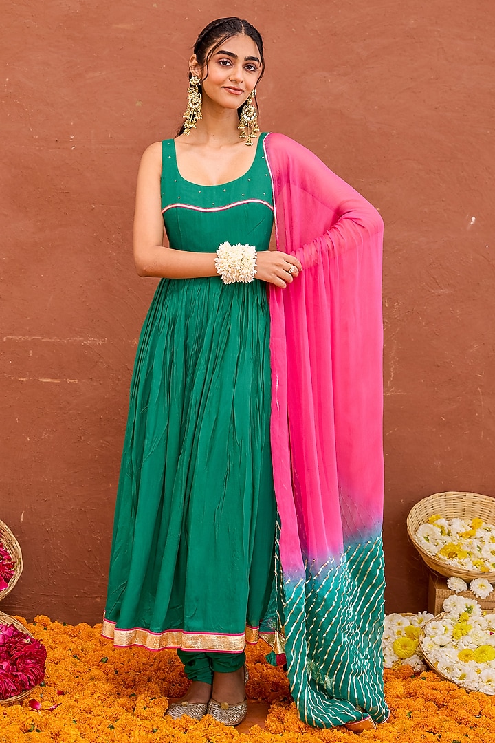 Emerald Green Cotton Silk Sequins Embellished Pleated Party Wear Anarkali Set by TARO at Pernia's Pop Up Shop