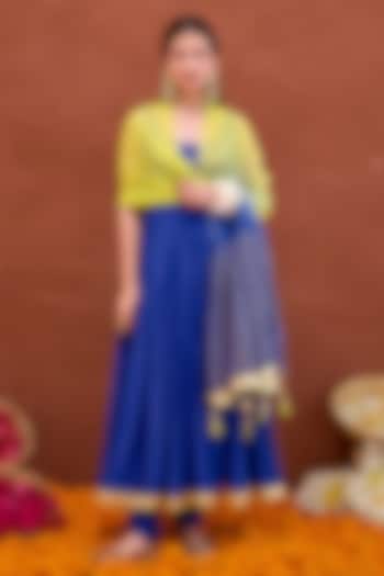 Royal Blue Cotton Silk Sequins Embroidered Pleated Party Wear Anarkali Set by TARO at Pernia's Pop Up Shop