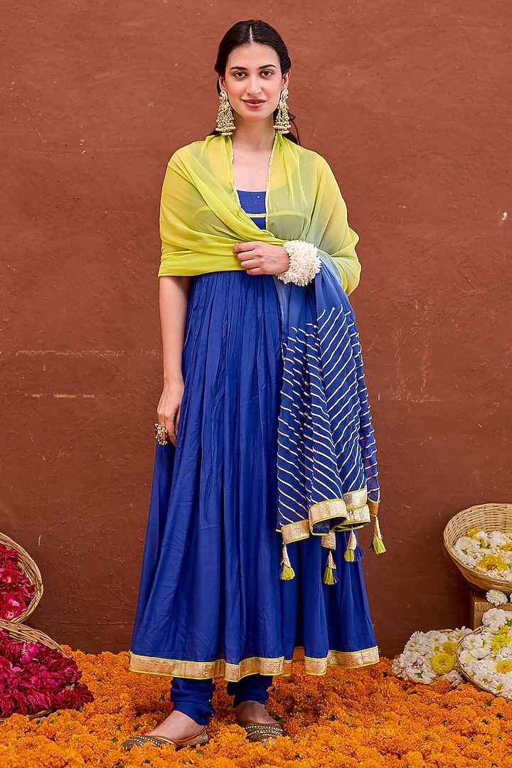 Royal Blue Cotton Silk Sequins Embroidered Pleated Party Wear Anarkali Set by TARO at Pernia's Pop Up Shop