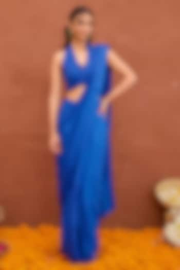 Blue Satin Silk Pre-Draped Party Wear Saree Set by TARO at Pernia's Pop Up Shop
