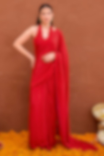Vermillion Red Satin Silk Pre-Draped Party Wear Saree Set by TARO at Pernia's Pop Up Shop