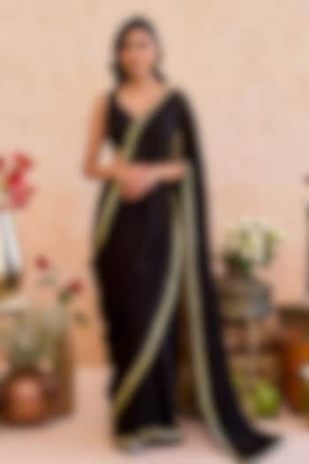 Black Crepe Silk Draped Party Wear Saree Set by TARO at Pernia's Pop Up Shop