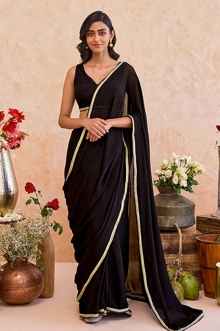 Black Crepe Silk Draped Party Wear Saree Set by TARO at Pernia's Pop Up Shop