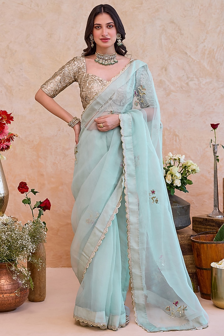 Mint Organza Silk Hand Embroidered Party Wear Saree Set by TARO at Pernia's Pop Up Shop