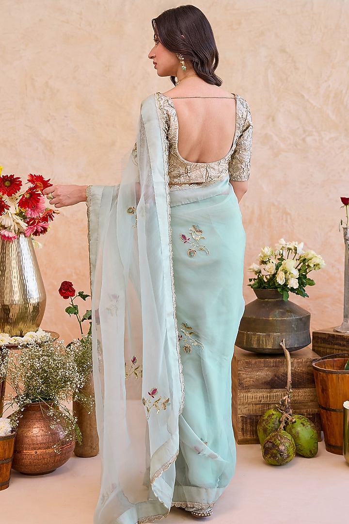 Mint Organza Silk Hand Embroidered Party Wear Saree Set by TARO at Pernia's Pop Up Shop