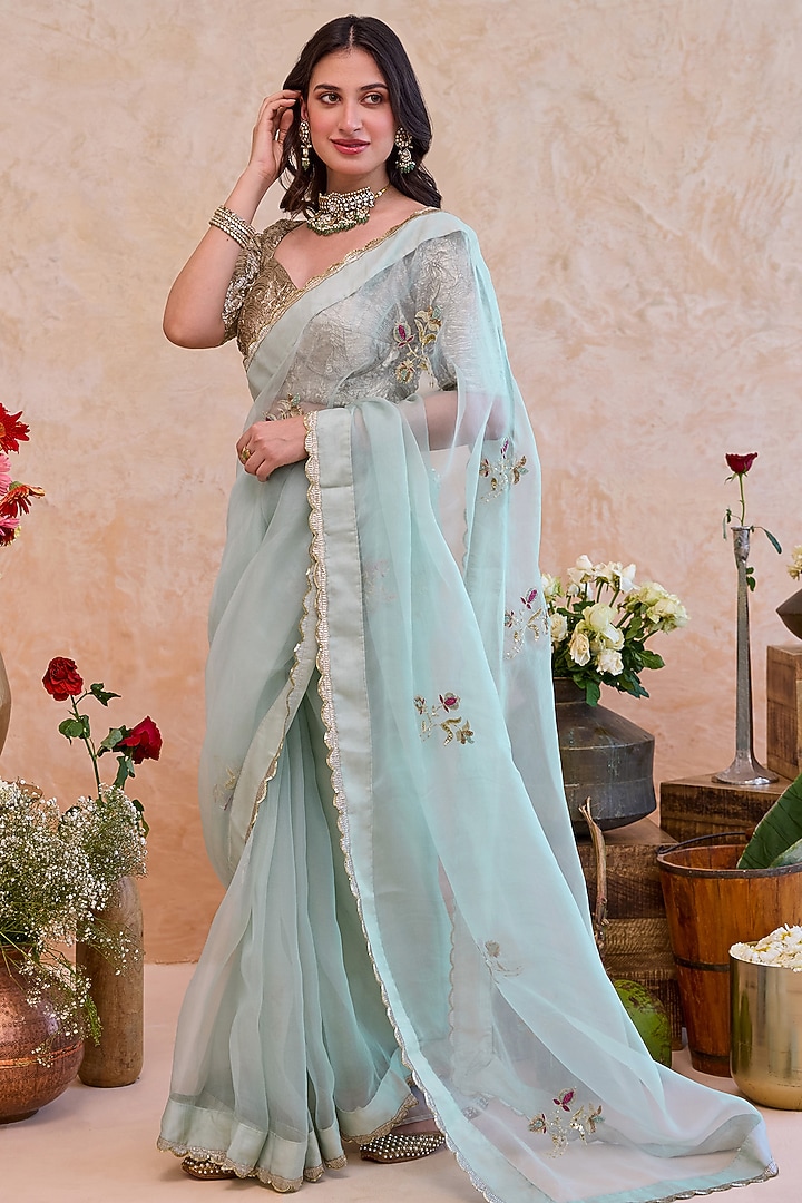 Mint Organza Silk Hand Embroidered Party Wear Saree Set by TARO at Pernia's Pop Up Shop