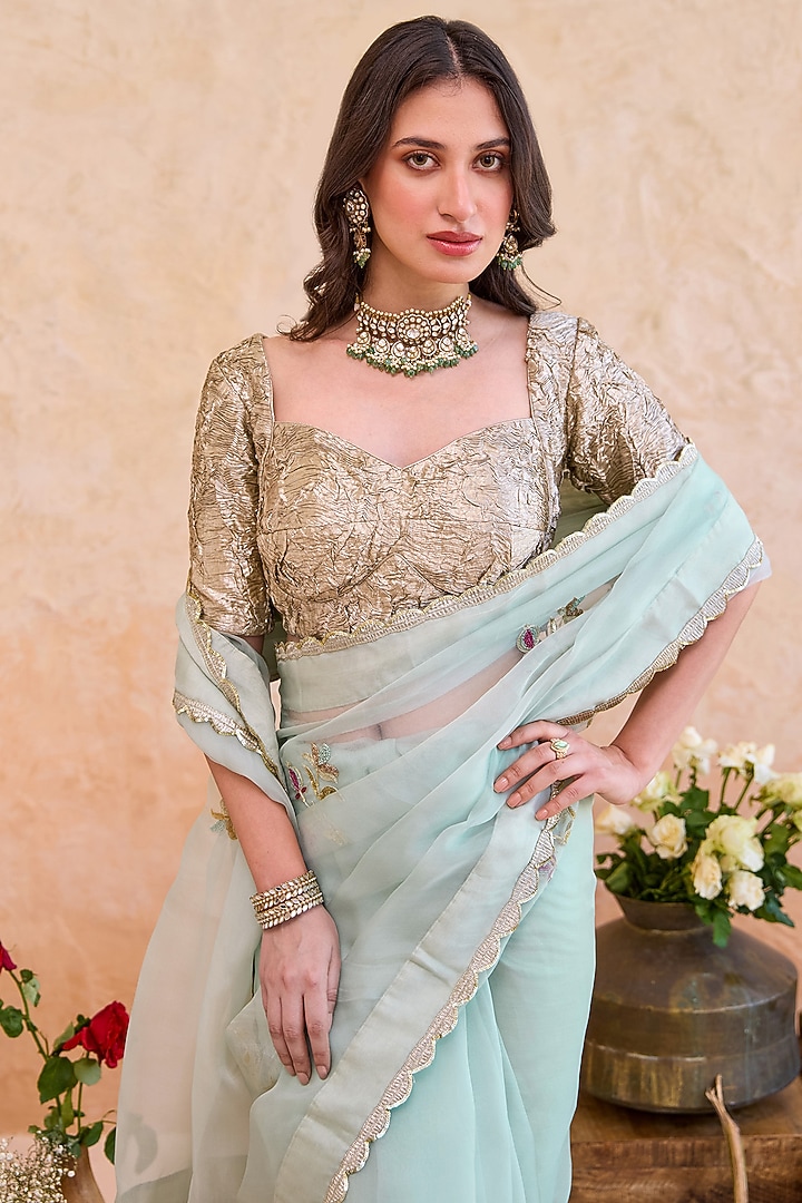 Mint Organza Silk Hand Embroidered Party Wear Saree Set by TARO at Pernia's Pop Up Shop