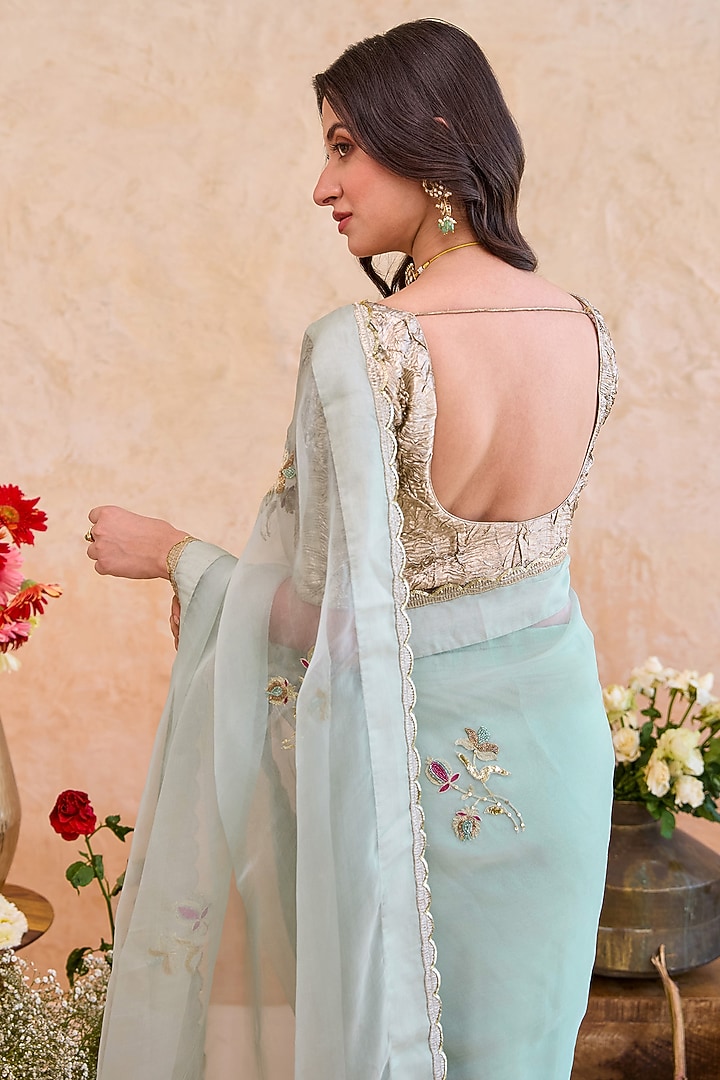 Mint Organza Silk Hand Embroidered Party Wear Saree Set by TARO at Pernia's Pop Up Shop
