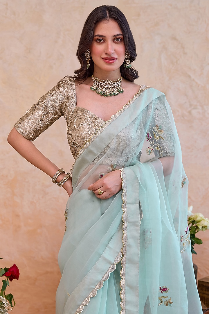 Mint Organza Silk Hand Embroidered Party Wear Saree Set by TARO at Pernia's Pop Up Shop
