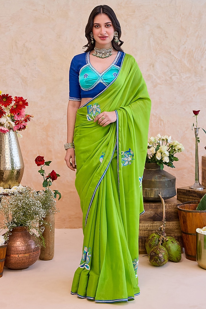 Parrot Green Crepe Silk Floral Embroidered Wedding Saree Set by TARO at Pernia's Pop Up Shop