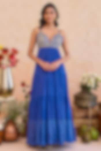 Royal Blue Crepe Silk Lace Motif Embroidered Tiered Summer Dress by TARO at Pernia's Pop Up Shop