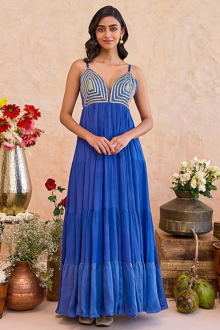 Royal Blue Crepe Silk Lace Motif Embroidered Tiered Summer Dress by TARO at Pernia's Pop Up Shop