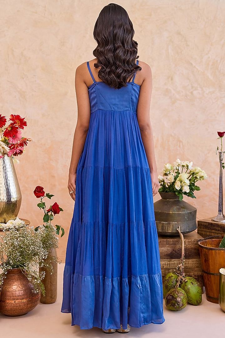 Royal Blue Crepe Silk Lace Motif Embroidered Tiered Summer Dress by TARO at Pernia's Pop Up Shop