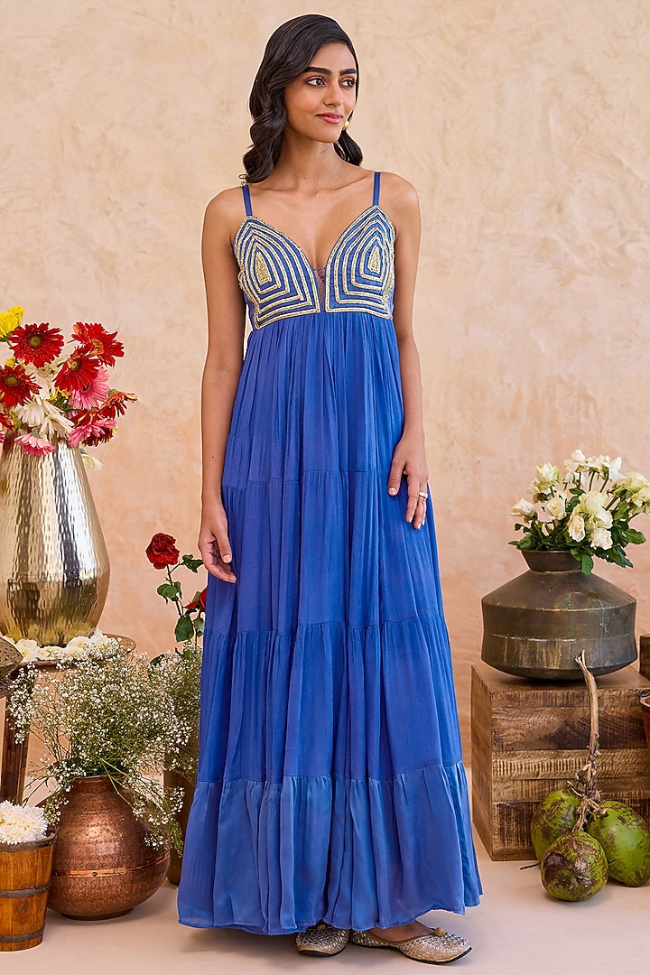 Royal Blue Crepe Silk Lace Motif Embroidered Tiered Summer Dress by TARO at Pernia's Pop Up Shop