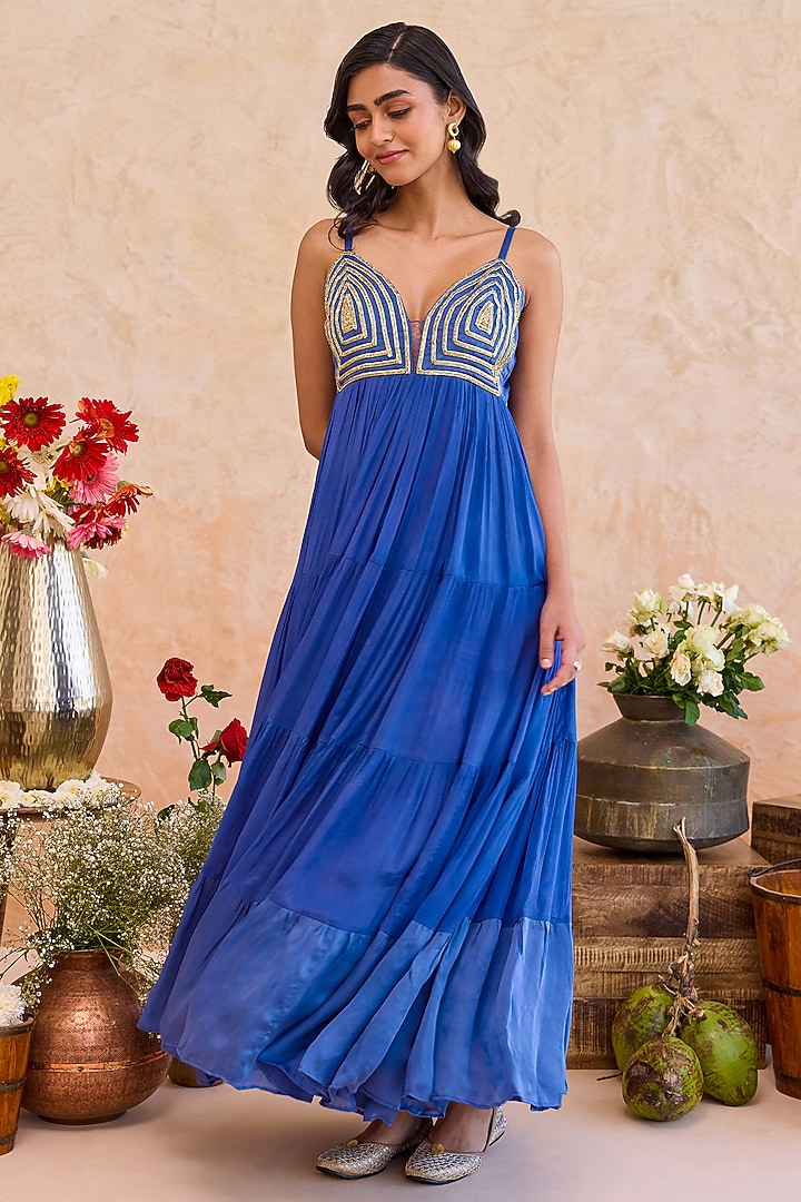 Royal Blue Crepe Silk Lace Motif Embroidered Tiered Summer Dress by TARO at Pernia's Pop Up Shop