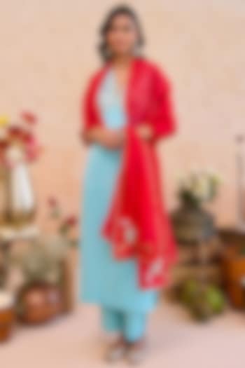 Blue Satin Silk Gota Patti Embroidered Kurta Set by TARO at Pernia's Pop Up Shop