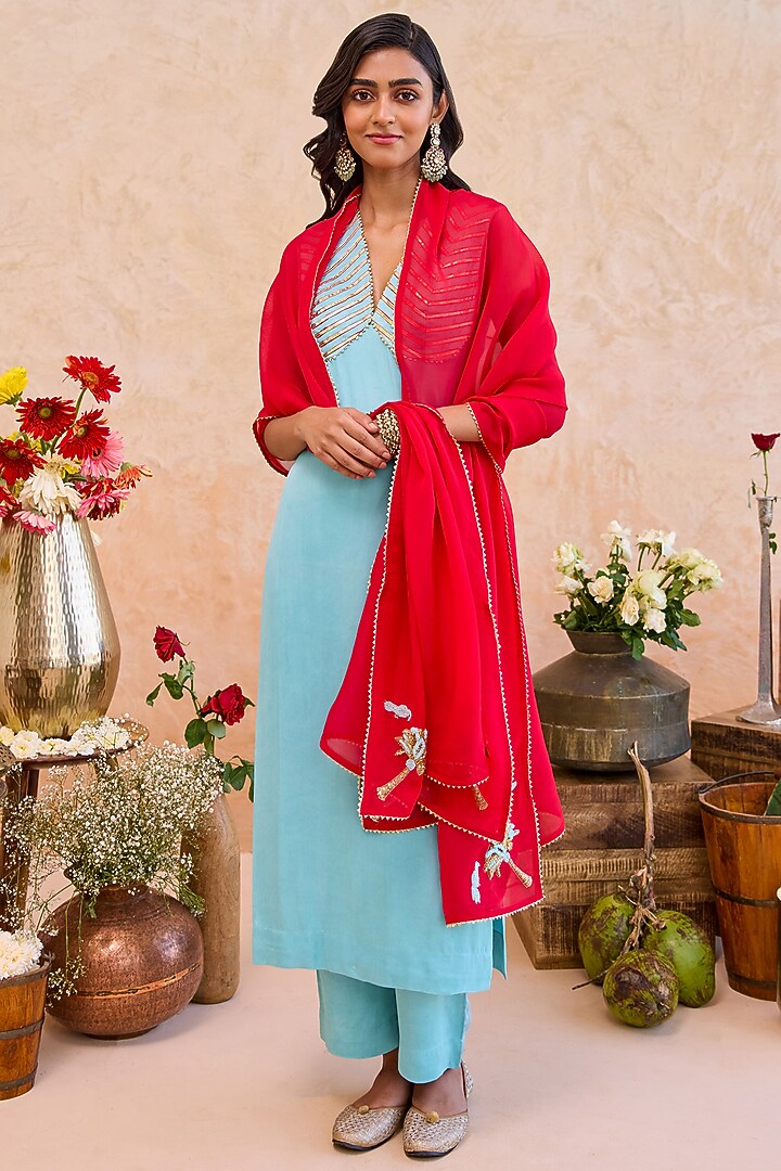 Blue Satin Silk Gota Patti Embroidered Kurta Set by TARO at Pernia's Pop Up Shop