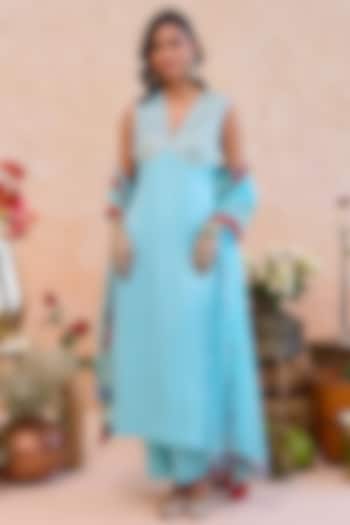 Blue Satin Silk Gota Patti Embroidered Kurta Set by TARO at Pernia's Pop Up Shop
