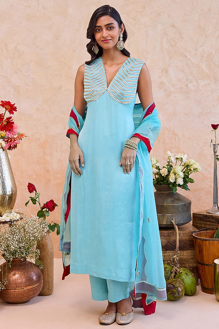 Blue Satin Silk Gota Patti Embroidered Kurta Set by TARO at Pernia's Pop Up Shop