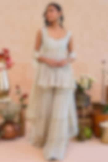 Grey Raw Silk Hand Embroidered Wide-Leg Party Wear Sharara Set by TARO at Pernia's Pop Up Shop