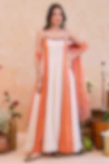 Ivory & Rust Textured Silk Hand Embroidered Party Wear Anarkali Set by TARO at Pernia's Pop Up Shop