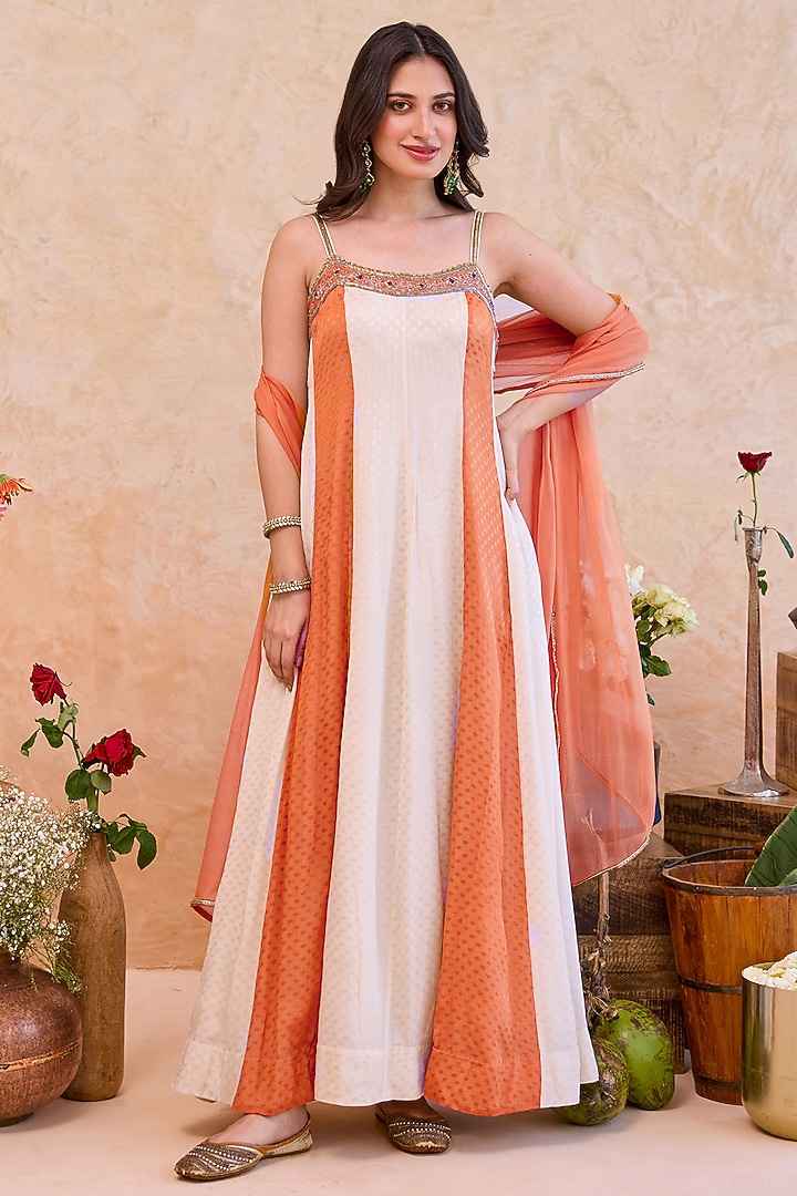 Ivory & Rust Textured Silk Hand Embroidered Party Wear Anarkali Set by TARO at Pernia's Pop Up Shop