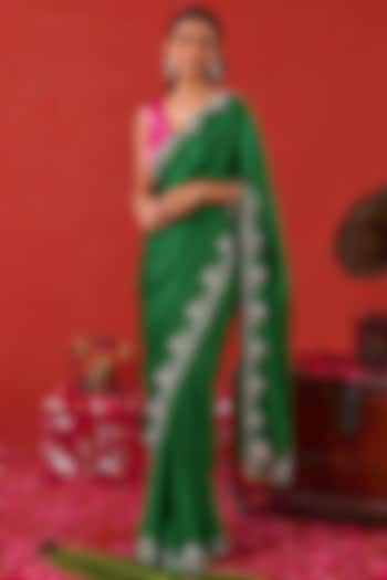 Green Satin Silk Hand Embroidered Wedding Saree Set by TARO at Pernia's Pop Up Shop