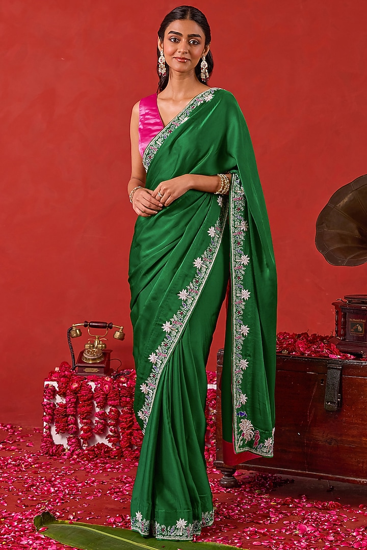 Green Satin Silk Hand Embroidered Wedding Saree Set by TARO at Pernia's Pop Up Shop