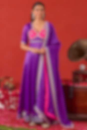 Violet & Pink Silk Satin Hand Embroidered Wedding Anarkali Set by TARO at Pernia's Pop Up Shop
