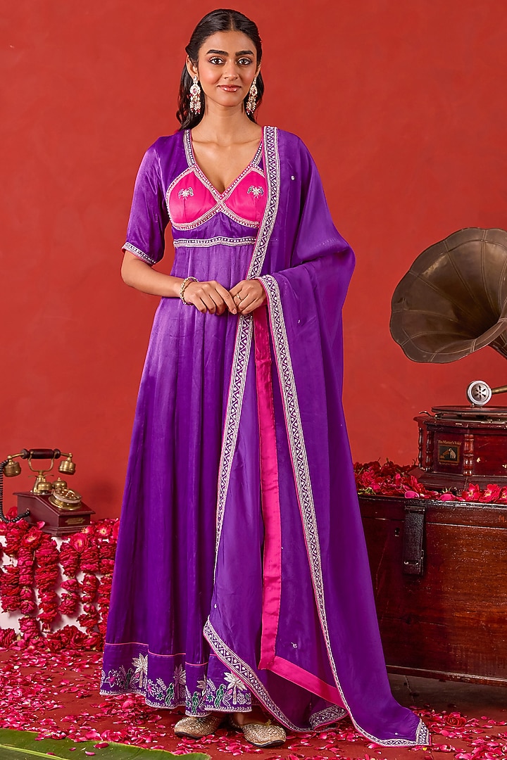 Violet & Pink Silk Satin Hand Embroidered Wedding Anarkali Set by TARO at Pernia's Pop Up Shop