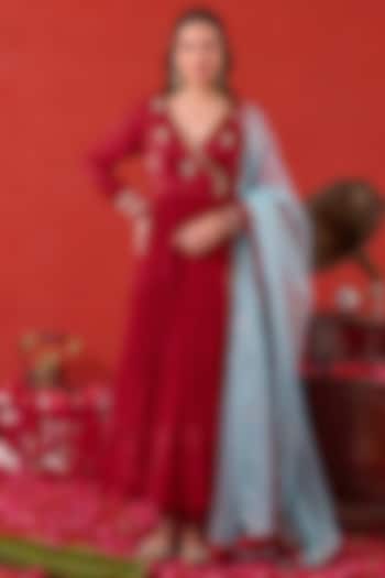 Red Silk Satin Hand Embroidered Angrakha Wedding Anarkali Set by TARO at Pernia's Pop Up Shop