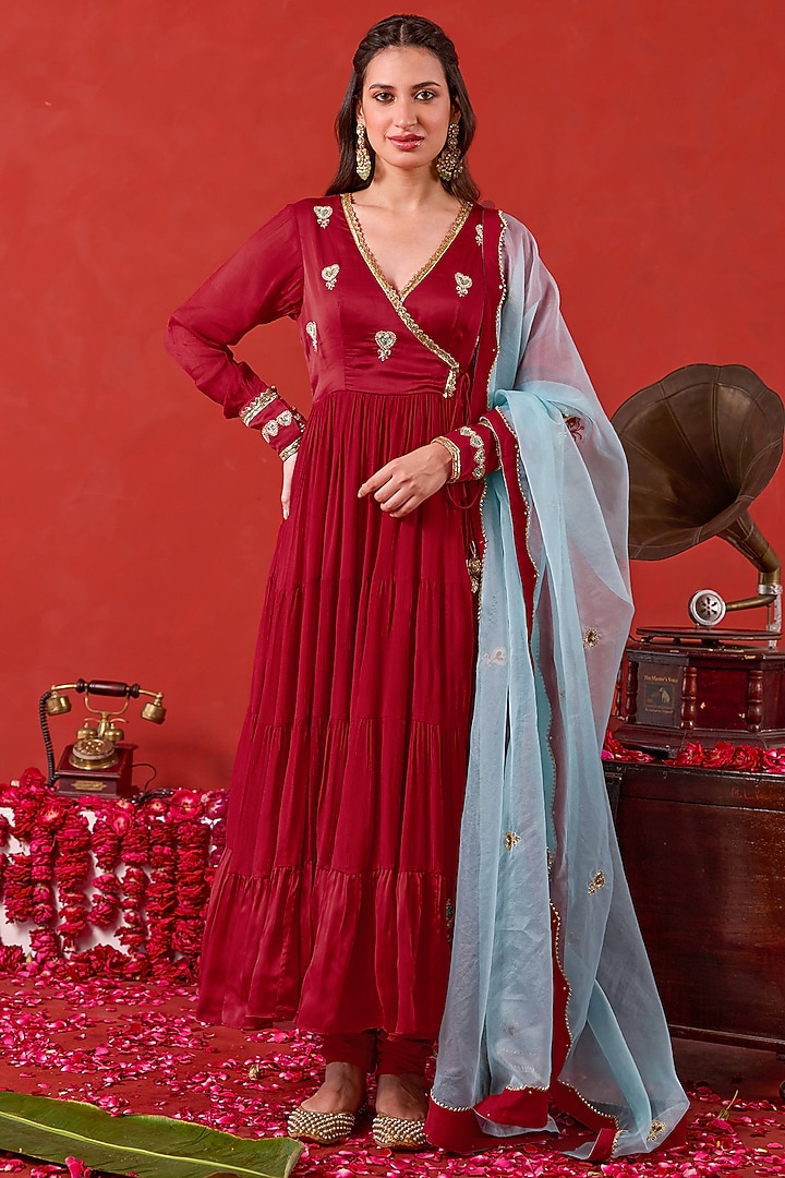 Red Silk Satin Hand Embroidered Angrakha Wedding Anarkali Set by TARO at Pernia's Pop Up Shop