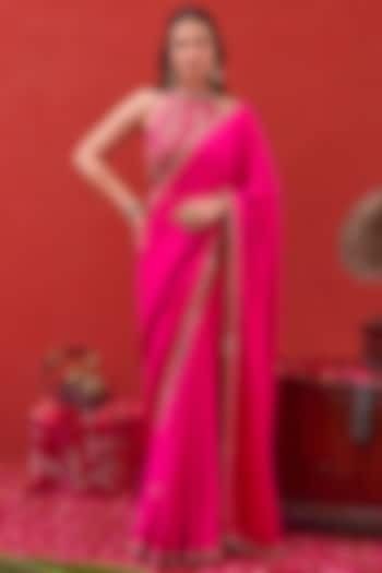 Pink Satin Silk Embellished Wedding Saree Set by TARO at Pernia's Pop Up Shop