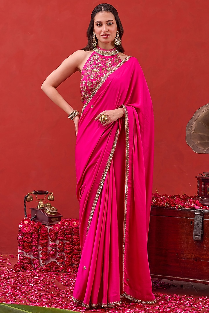 Pink Satin Silk Embellished Wedding Saree Set by TARO at Pernia's Pop Up Shop