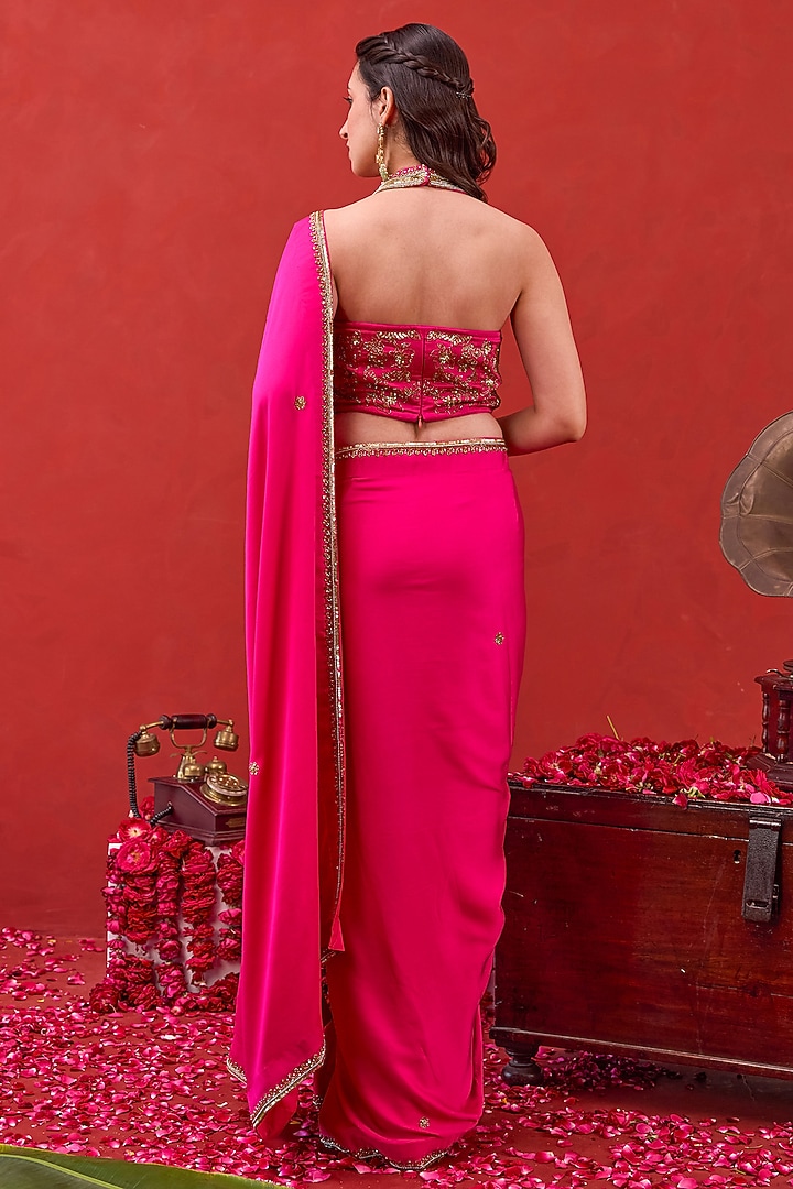 Pink Satin Silk Embellished Wedding Saree Set by TARO at Pernia's Pop Up Shop