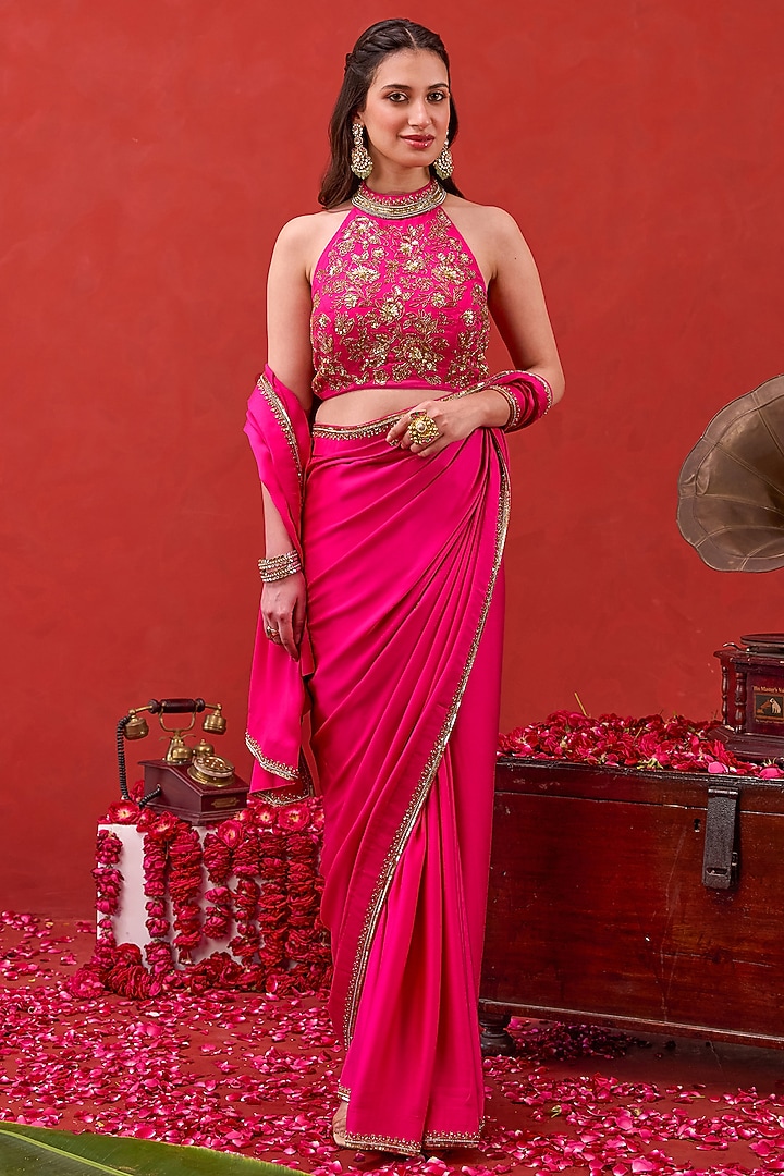Pink Satin Silk Embellished Wedding Saree Set by TARO at Pernia's Pop Up Shop